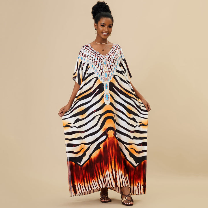 Loose Long Beach Cover Up Rayon Positioning Print Holiday Robe Dress Women