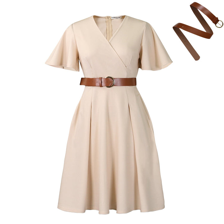 Women Clothing Elegant Solid Color V neck Flared Sleeves Dress