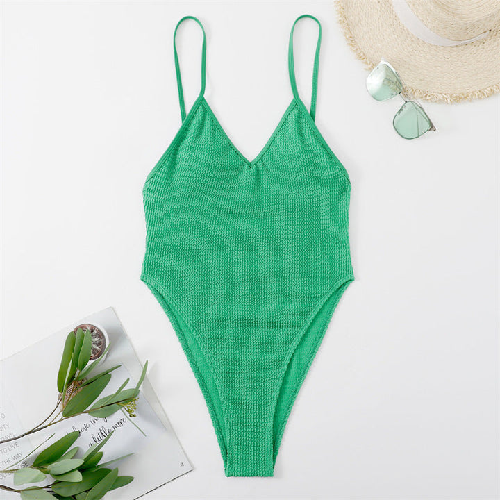 Deep V Plunge Bikini Sexy Swimsuit Solid Color Wrinkle Champray Bikini