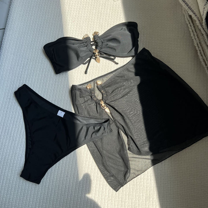 Sexy Solid Color Tube Top Three Piece Mesh Swimwear Swimsuit Bikini Bikini