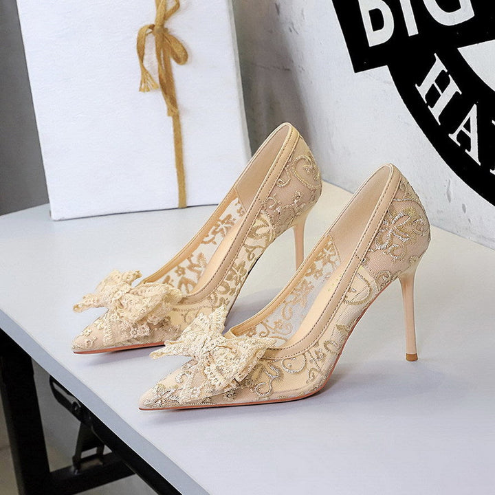 Elegant Lace Mesh Wedding Shoes Super High Heel Bow Party Dress High Heels
