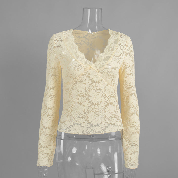 Lace V neck Long Sleeve Shirt Autumn Sexy Hollow Out Cutout Bottoming Shirt Lace Shirt Women Shirt