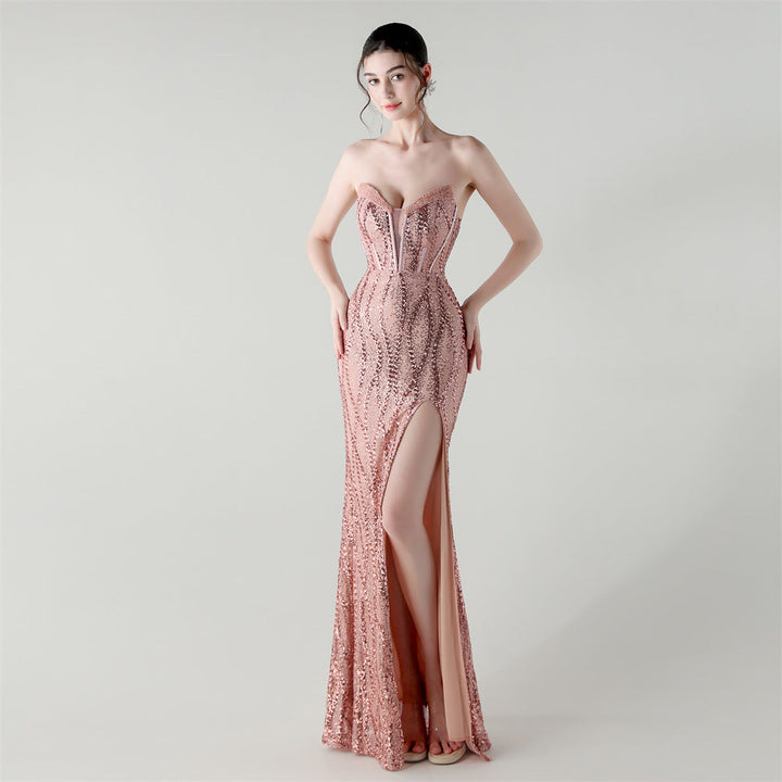 Boning Corset Waist Tight Heavy Industry Beads Heart Shaped Collar Sequined Evening Dress Luxury Cocktail Evening Dress