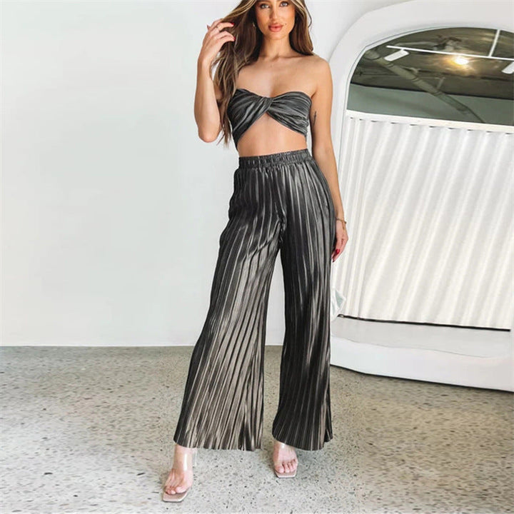 Spring Summer Pleated Sexy Suit Women Cropped Sleeveless Adjustable Vest Casual Pants Two Piece Set for Women