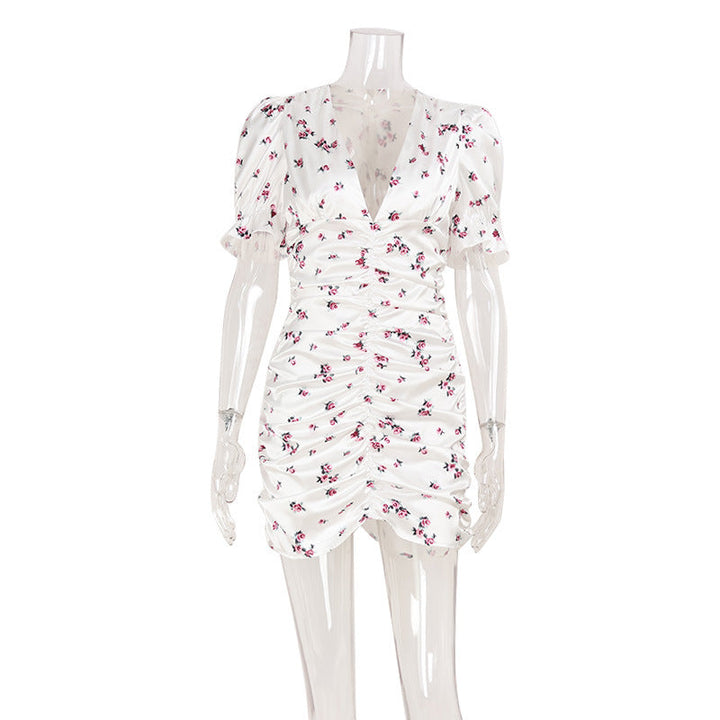 Women French V neck Sexy Slim Hip Floral Puff Sleeve Dress Short