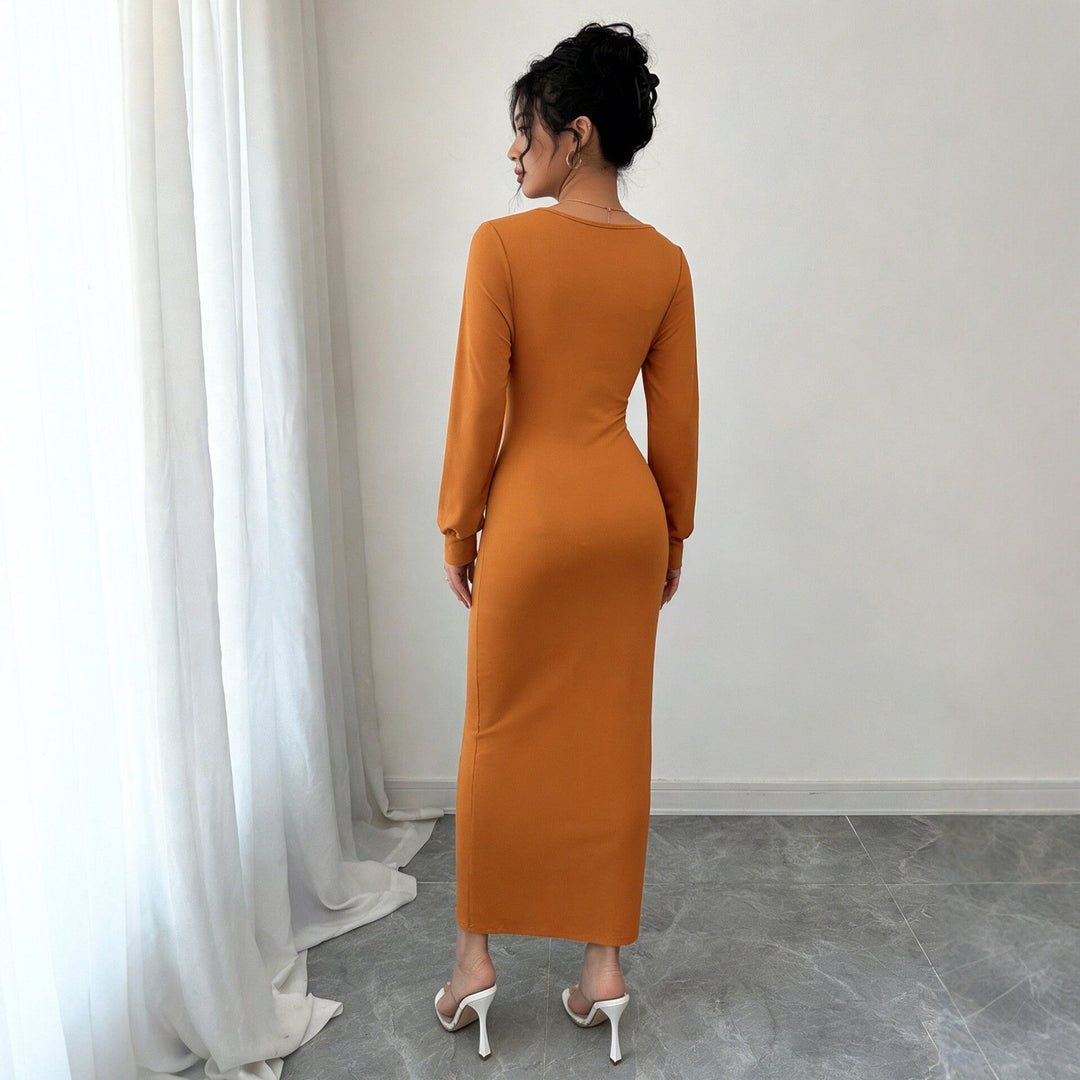 Elegant V Neck Pleating Long Sleeved Dress Waist Cinching Slimming Slit Hip Wrapped Mid Length Dress