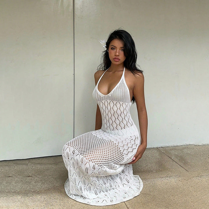 Solid Color Sexy Knitted Hollow Out Cutout Beach Cover up Bikini Swimsuit Beach Dress Women