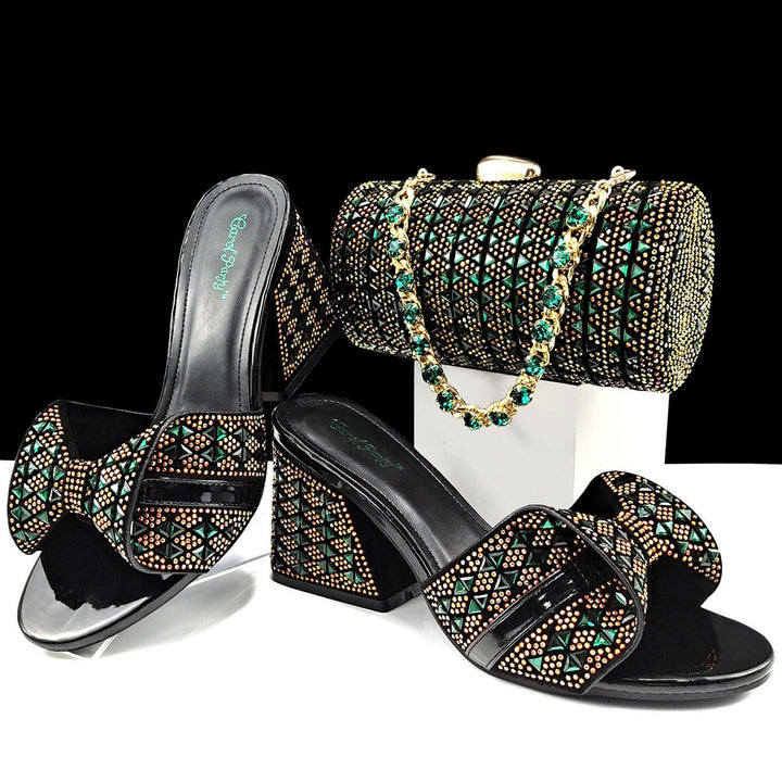 Women Shoes Bags Two Piece Sets Summer Mouth High Heel Slippers Color Matching Rhinestone Embellished Cylindrical Bag Casual