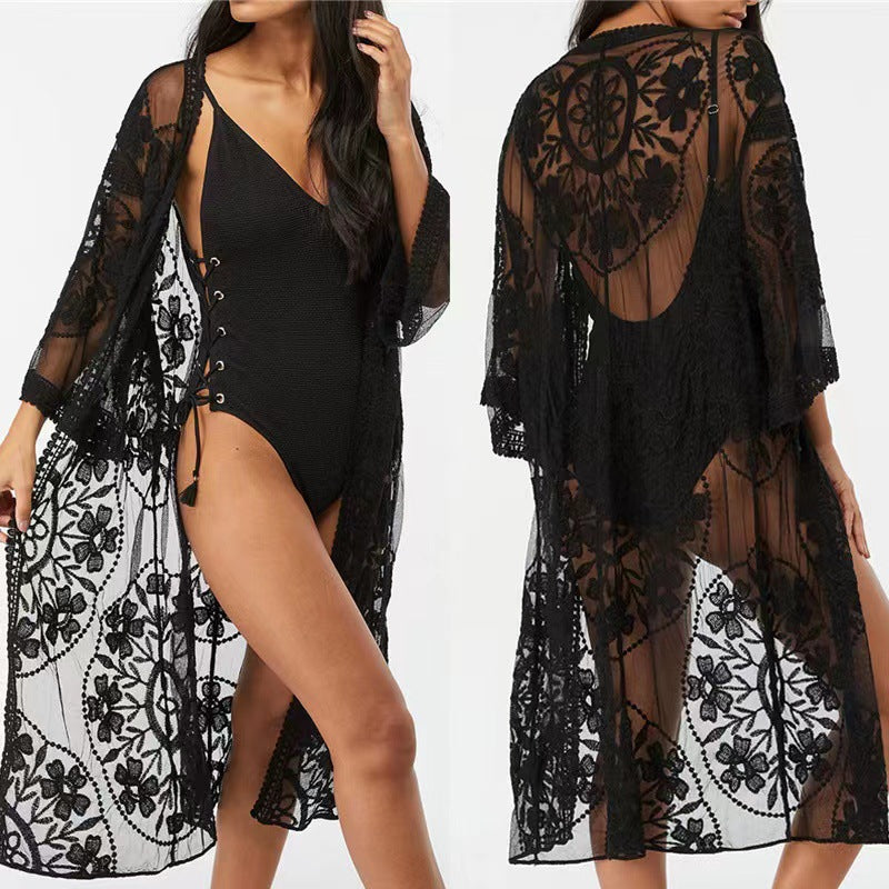 Lace Mesh Crochet Beach Cover up Seaside Vacation Bikini Sun Protection Clothing
