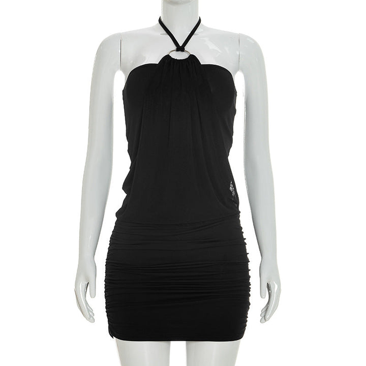 Women Spring Summer Sexy Simple Eyelet Halter Sheath Ultra Short Dress