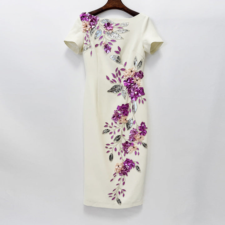 Star Graceful Fashionable Heavy Industry Beads Diamond Short Sleeve Slim Mid Length Dress