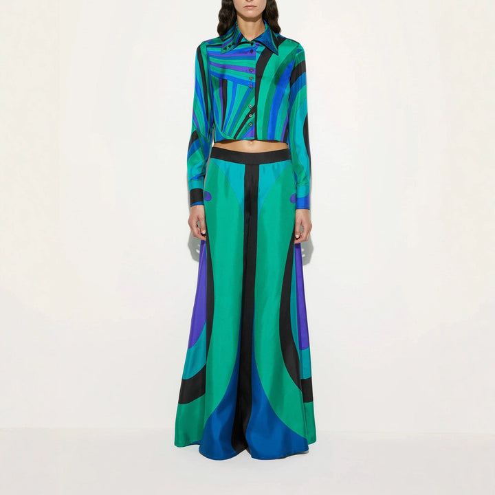 Positioning Printing Satin Long Sleeve Shirt Trousers Wide Leg Pants Two Piece Sets