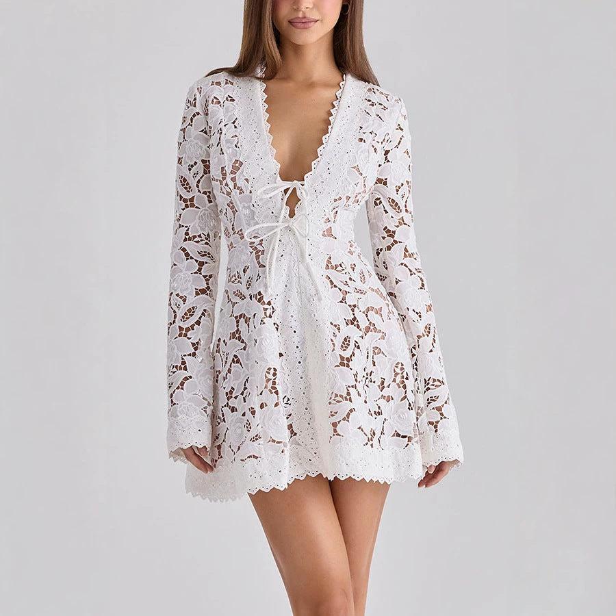 Spring Summer Long Sleeved Lace up Dress Loose Vacation Women Dress