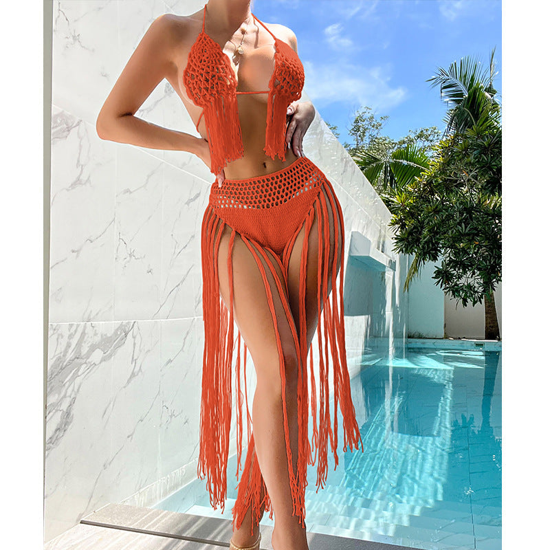 Beach Tourism Hand Crocheting Three Dimensional Floral Tassel Beach Sexy Open Back Swimsuit Bikini Set Crochet hook