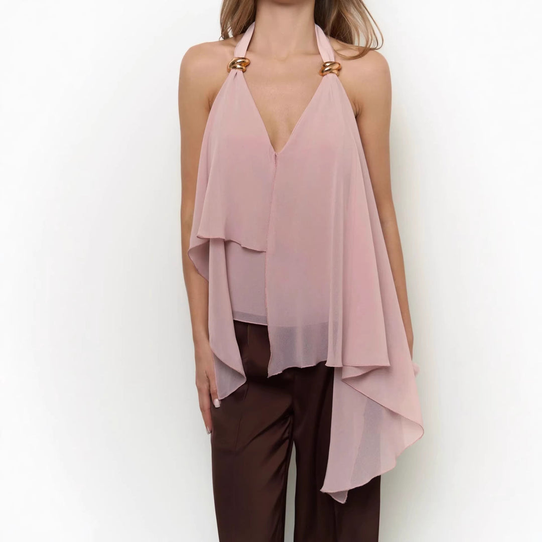 Sexy V neck Halter Sleeveless Vest Women Summer Casual Elegant Graceful All Match Chiffon Shirt