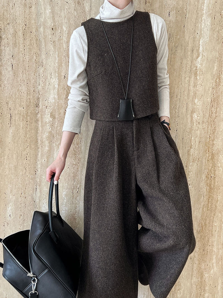 Two Way Vest Wide Leg Pants Women Autumn Winter Woolen Two Piece Sets