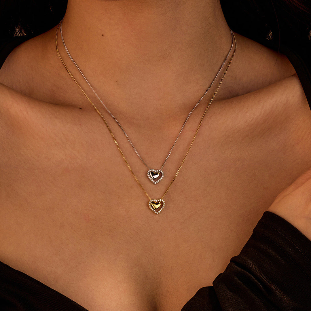 Niche High Grade Love Embellished Zircon Titanium Steel Clavicle Chain Peach Heart Stainless Steel Necklace Women