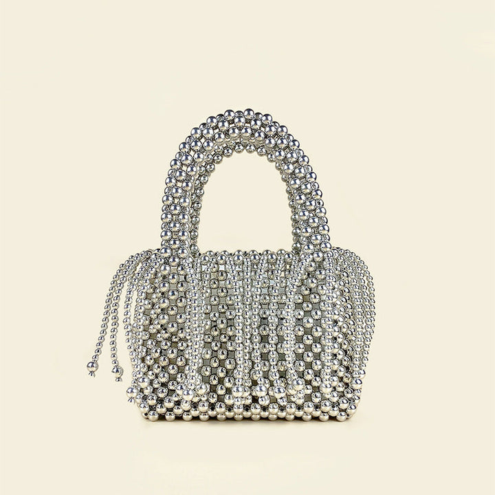 Tassel Hand Woven Metal Silver Beaded Square Vegetable Basket Pearl Bucket Hand Held Tote