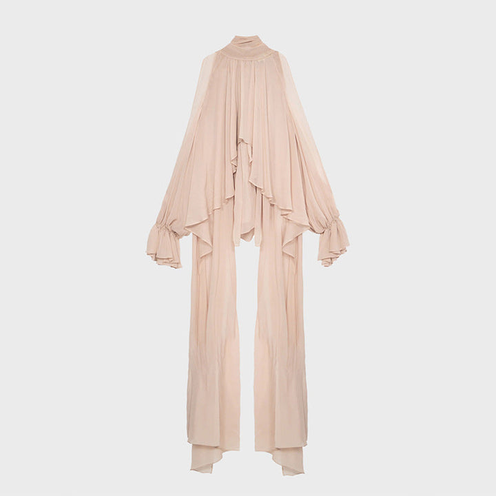 Autumn Tops Women Sweet Fresh Korean Casual Irregular Asymmetric Stand Collar Loose Solid Color Halter Shirt