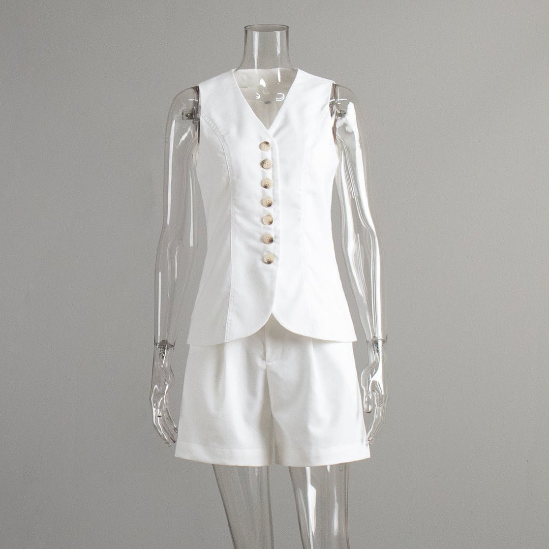 Cotton Linen Vest Shorts Set Summer Office Vest Shorts Set Casual Women