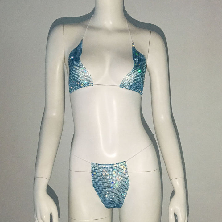 Women Clothing Rhinestone Bikini Set Carnival Sexy Lace Up Outdoor Beach Split Swimsuit