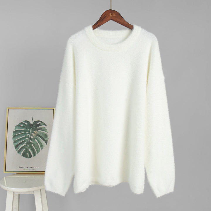 Crew Neck Pullover Sweater Autumn Winter Simple Solid Color Sweater Loose Casual Sweater