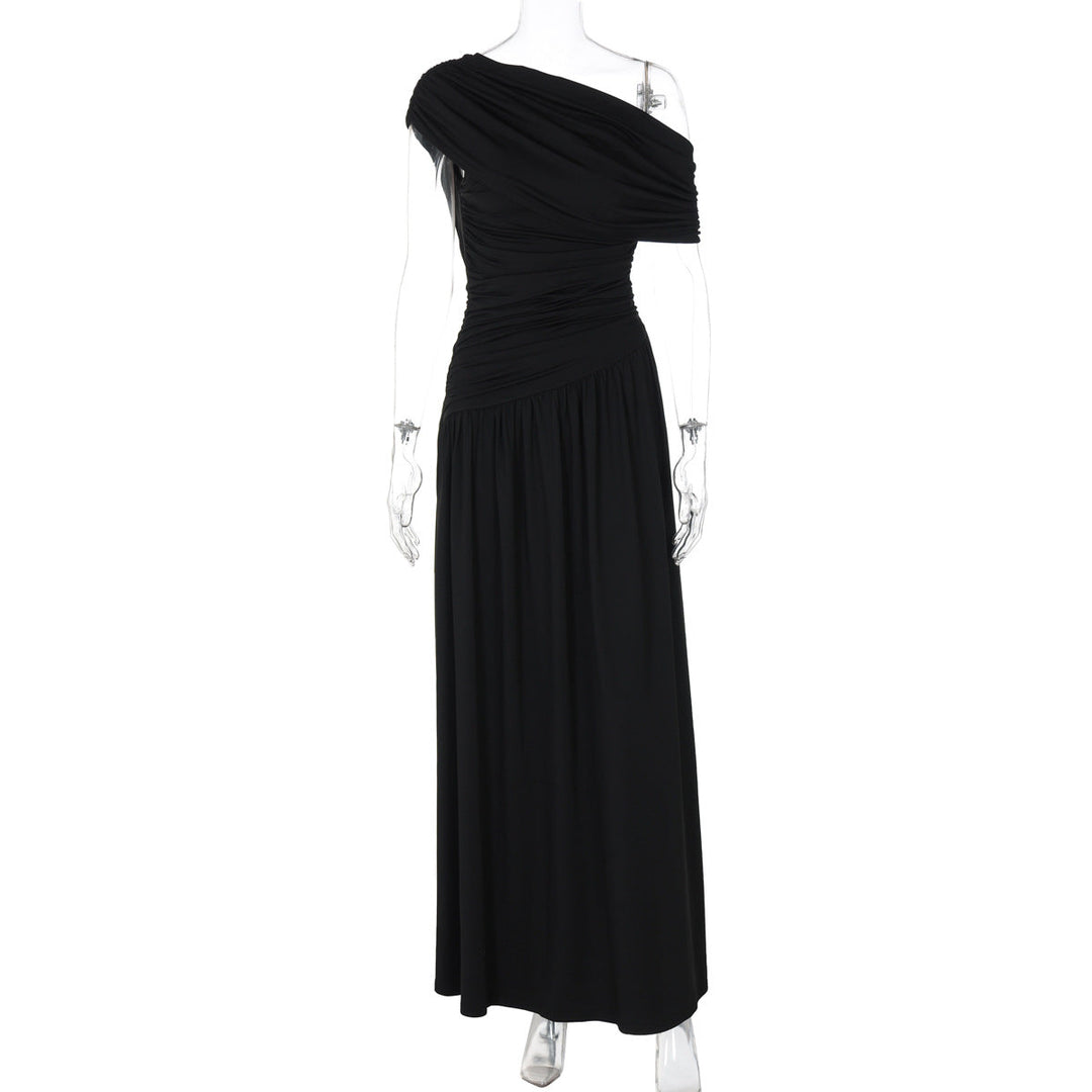 Women Clothing Spring Arrival Fashionable Sexy Diagonal Collar Pleated Asymmetrical Solid Color Dress