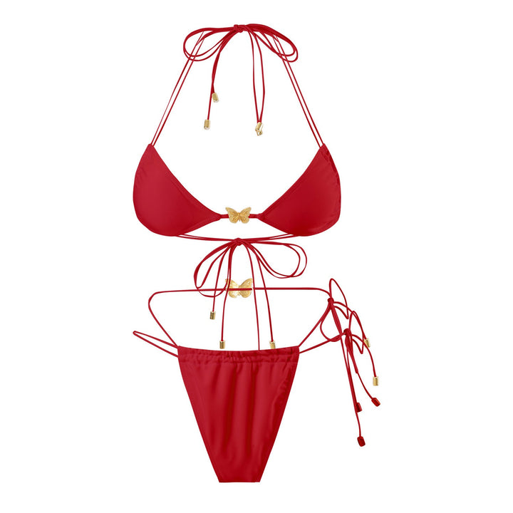 Solid Color Elastic String Butterfly Ornament Bikini Sexy Split Triangle Bag Tied Swimsuit Women