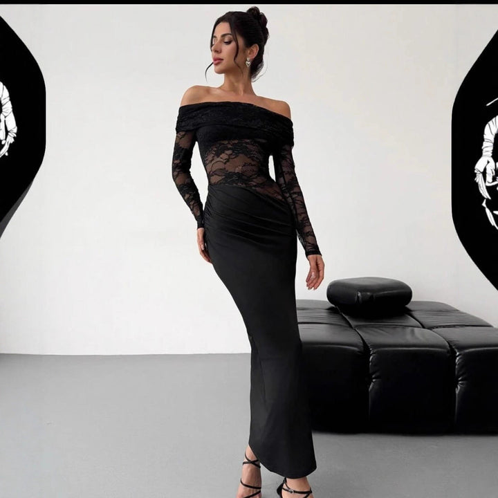 Hollow Out Cutout out Summer off-Shoulder Lace Maxi Dress Long Sleeve High Grade Sexy Sheath Dress Women Clothing