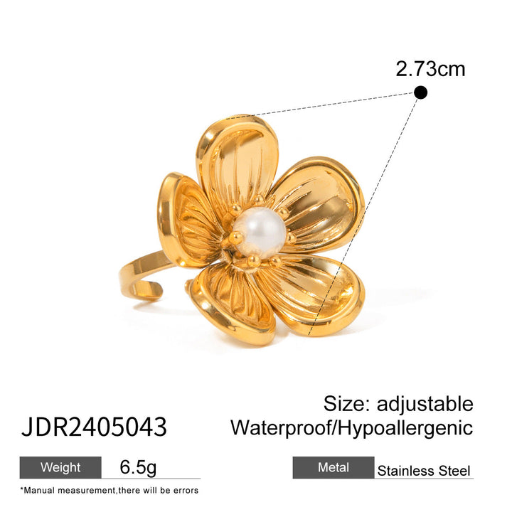 Stainless Steel Floral Pearl Ring Exaggerated High Sense Ring Titanium Steel Rings Ornament