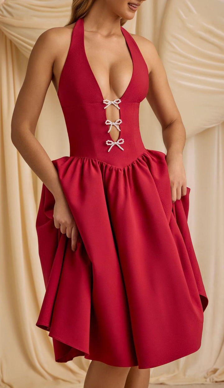 Spring Summer Halter Bow Deep V Plunge neck Backless Sexy Tulle Tutu Dress