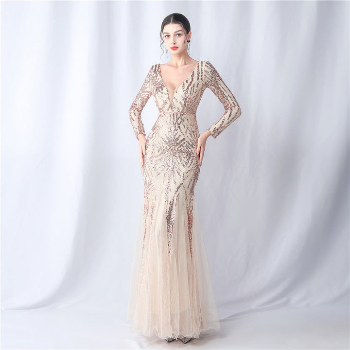 Mesh Sequin Wedding Dinner Annual Meeting Host Long Sleeve Evening Dress