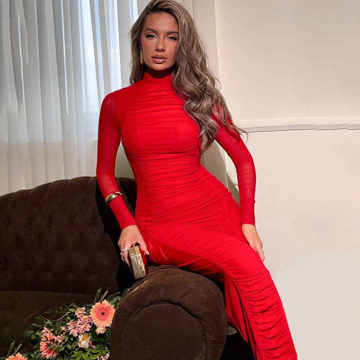 Autumn Elegant Socialite Private Clothes Pleated Turtleneck Long Sleeve Waist Tight Hip Slim Fit Dress