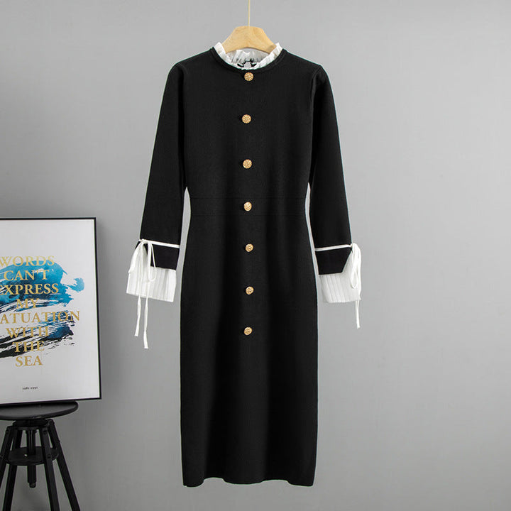 Autumn Hepburn Graceful Stand Collar Long Sleeve Chiffon Patchwork Dress Slim Fit Slimming Knitted Midi Dress