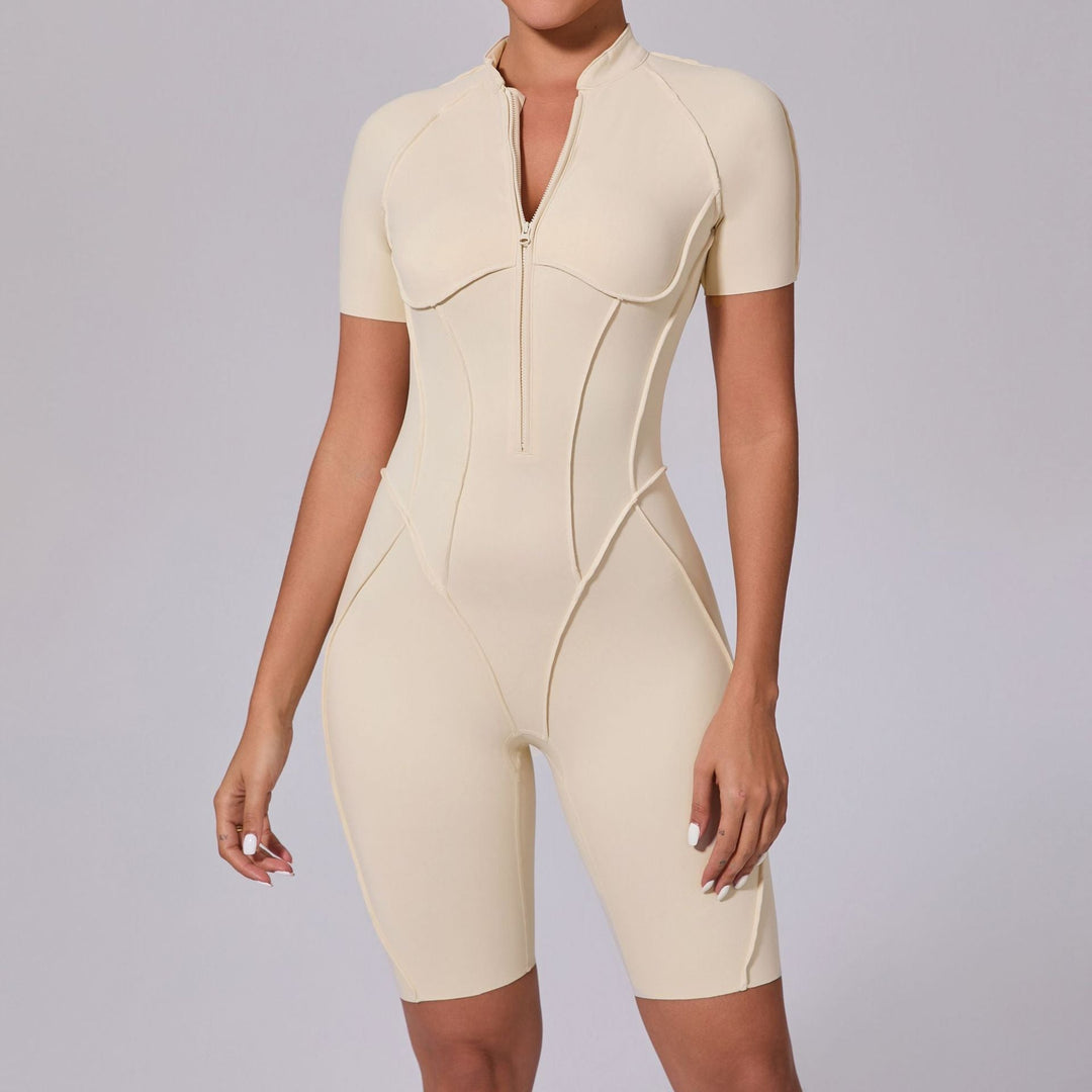 Summer Zipper Short Sleeve Outer Wear Fitness Yoga Jumpsuit Women Dance Tight Sports Jumpsuit
