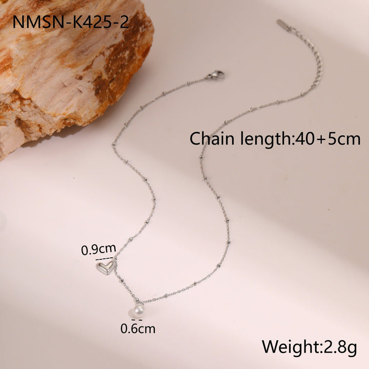 Pearl Heart Embellished Clavicle Chain Stainless Steel Necklace Non Fading Gold Plated Necklace