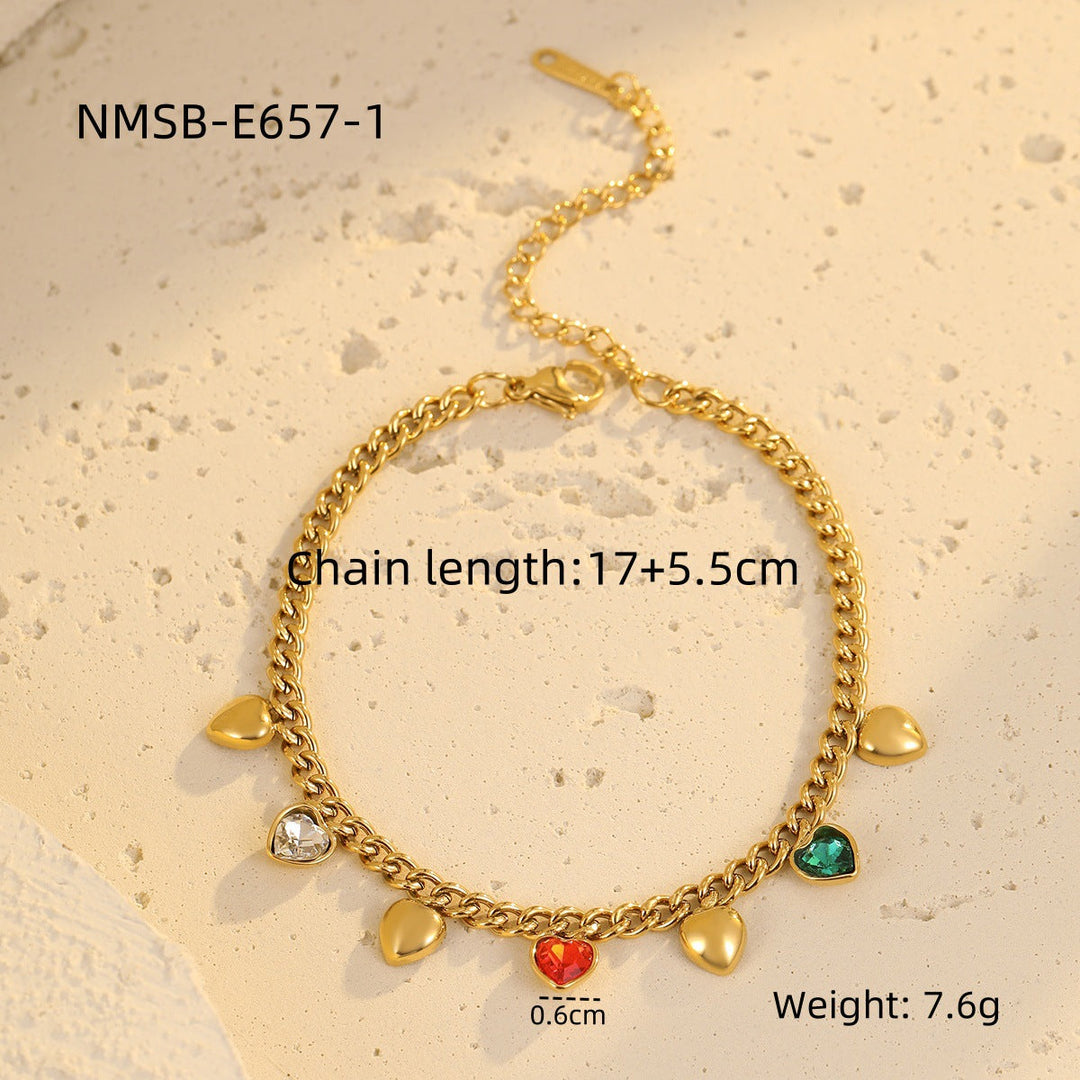 Classic All Match Stainless Steel Bracelet High Grade Colored Loving Heart Geometric Abstract Rhinestone Tassel Titanium Steel Jewelry