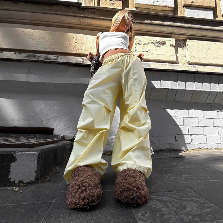Wide Leg Trousers Women Autumn Low Waist Drawstring Trousers Pleated Pure Cotton Workwear Trousers Women
