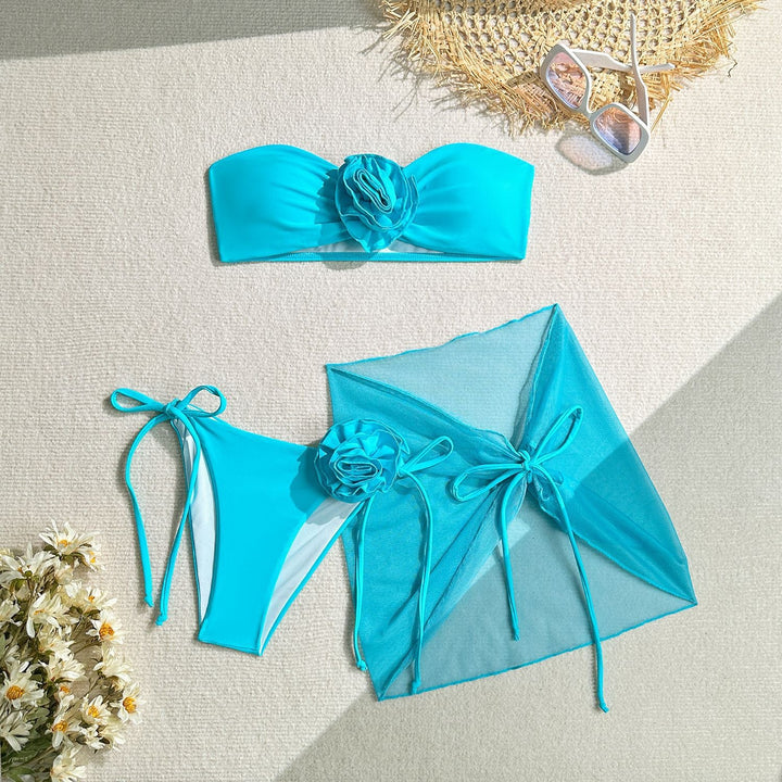 Bikini Sexy Three Piece Set Swimsuit Women Three Dimensional Big Floral Bikini Swimsuit