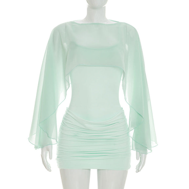 Women Clothing Summer Solid Color Casual Long Sleeves Shawl Straps Tulle Mini Short Dress