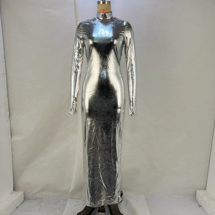 Autumn Winter Metallic Sexy Backless Skinny Slimming Slim Dress Women Metallic Coated Fabric Dress