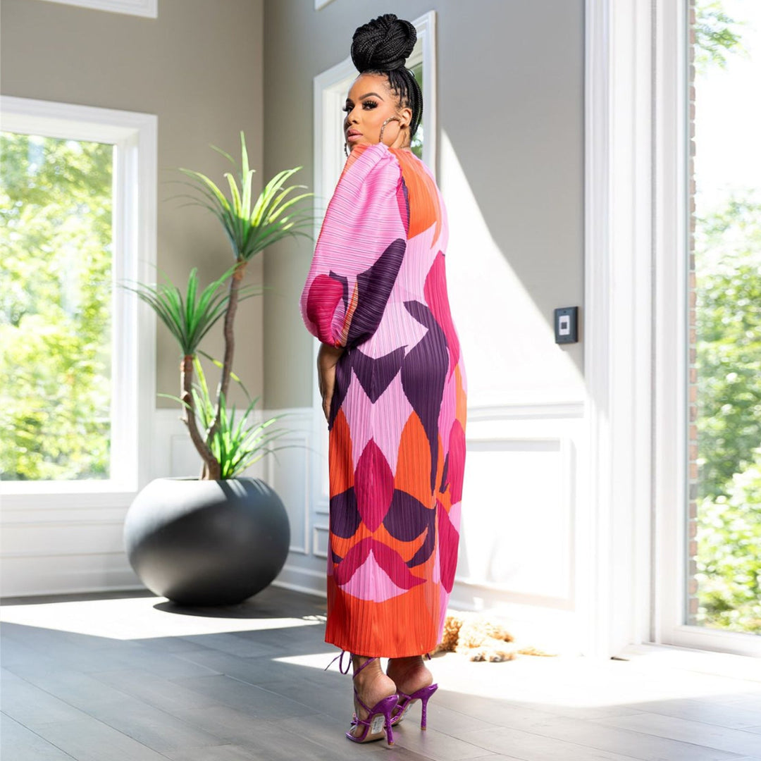 Women Wear Lantern Sleeve Pleated Dress