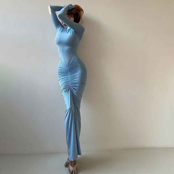 Women Clothing Autumn Solid Color Elegant Slim Slimming Pleated Turtleneck Long Sleeve Dress