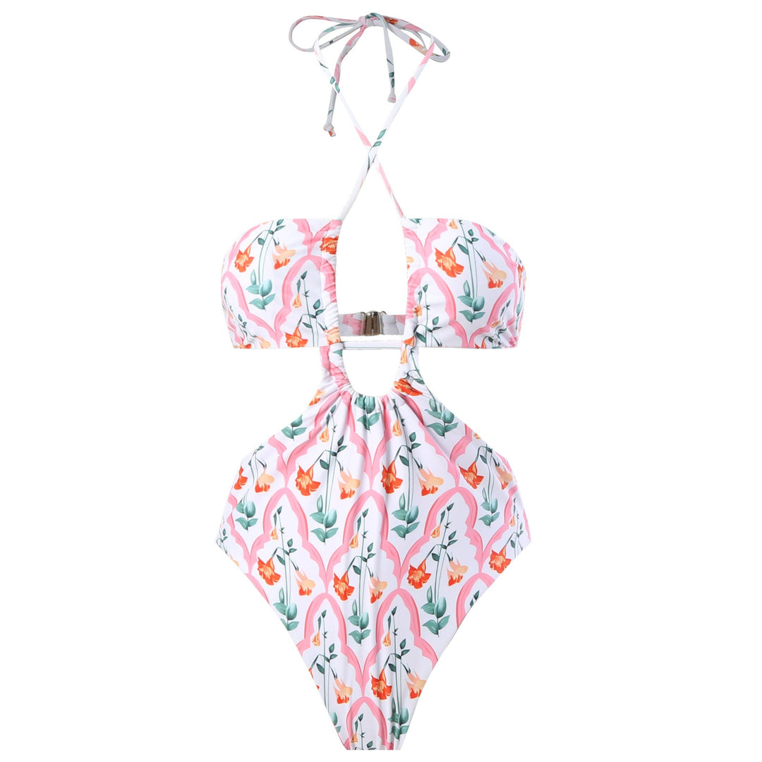 Sexy Double Sided One Piece Swimsuit Pleated Halter Bikini Suit Chiffon Dress