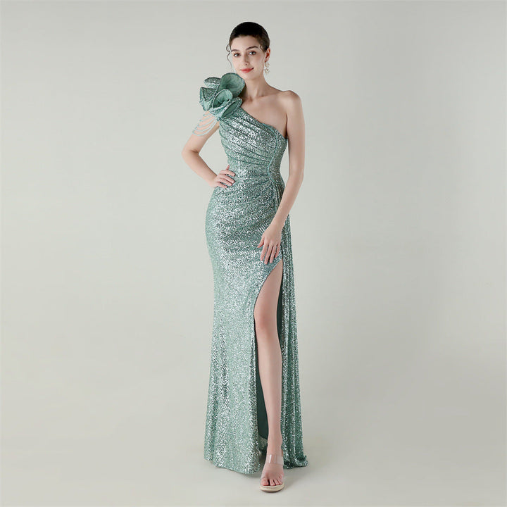 Craft Floral Beaded One Shoulder Diagonal Collar Fishtail Evening Dress Dinner Wedding Awards Ceremony Social Dress