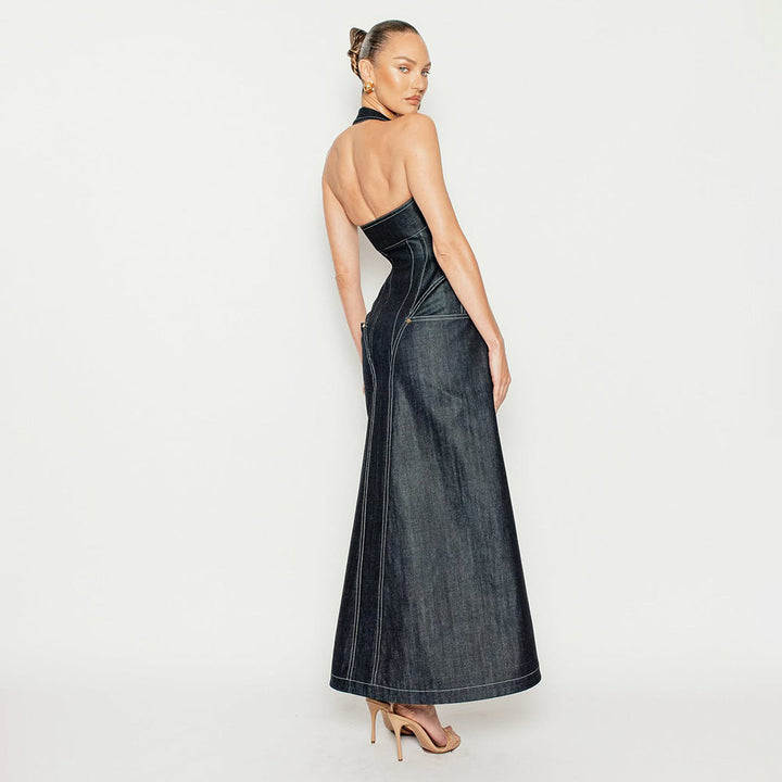 Elegant Solid Color Sleeveless Halter Slim Fit Backless Sheath Dress Denim Summer
