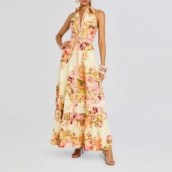 Retro Elegance Floral Printed Dress Summer Waist Slimming Sleeveless Lace up Dress