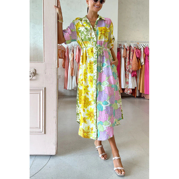 Spring Summer Loose Vacation Dress Casual Short Sleeve Lace up Pocket Dress