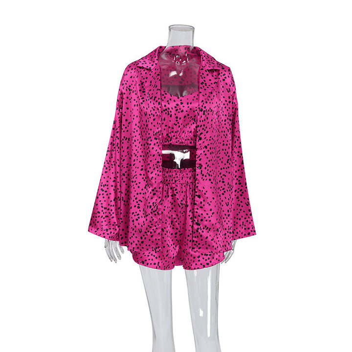 Autumn Satin Polka Dot Printed Homewear Underwear Shorts Outerwear Gown Three Piece Pajamas
