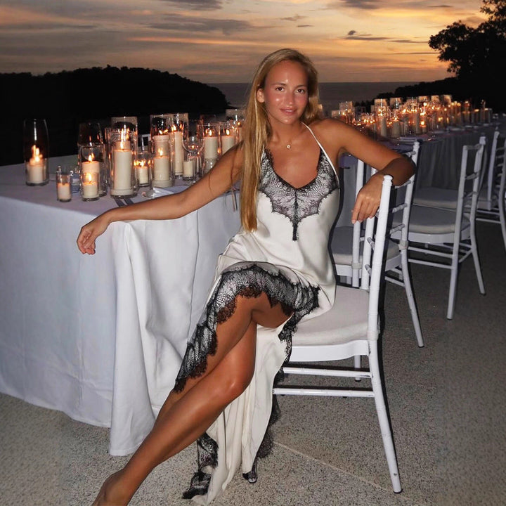 Lace Spaghetti Strap Maxi Dress Summer Artificial Silk Sexy Slit Stitching Lace Dress Women